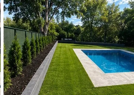 Réalisation TURF A&G : cour avec haie de cèdres et gazon synthétique