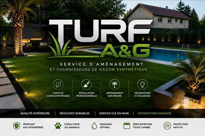 Aménagement de cour avec gazon synthétique haut de gamme, piscine creusée et éclairage — TURF A&G, Terrebonne / Rive-Nord